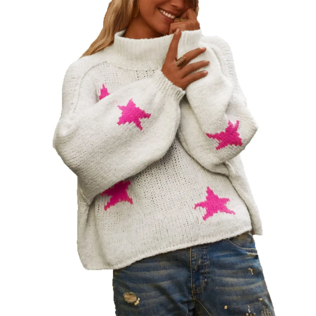 White women's turtleneck pullover sweater with five-pointed star pattern in imitation velvet fabric