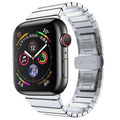 Stainless steel metal chain link strap with butterfly clasp for Apple Watch in silver colour.