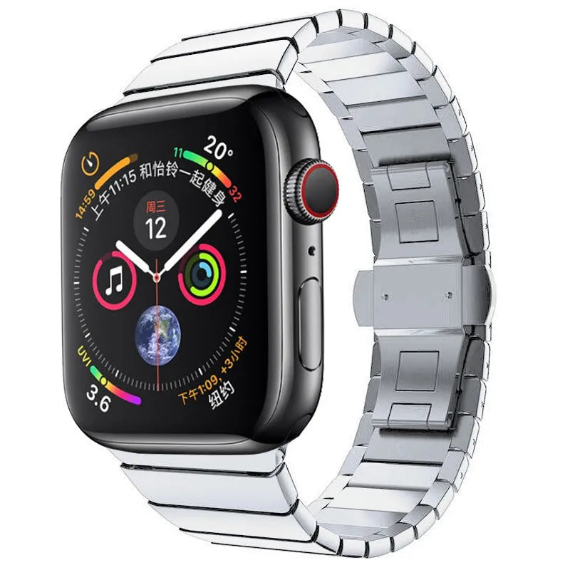 Stainless steel metal chain link strap with butterfly clasp for Apple Watch in silver colour.