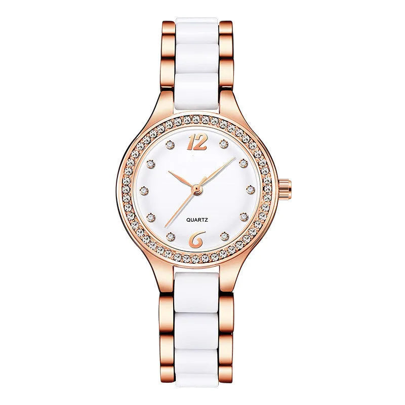 Women's ceramic watch with diamonds, rose gold IP case, alloy and ceramic strap, slate blue dial