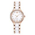 Women's ceramic watch with diamonds, rose gold IP case, alloy and ceramic strap, slate blue dial