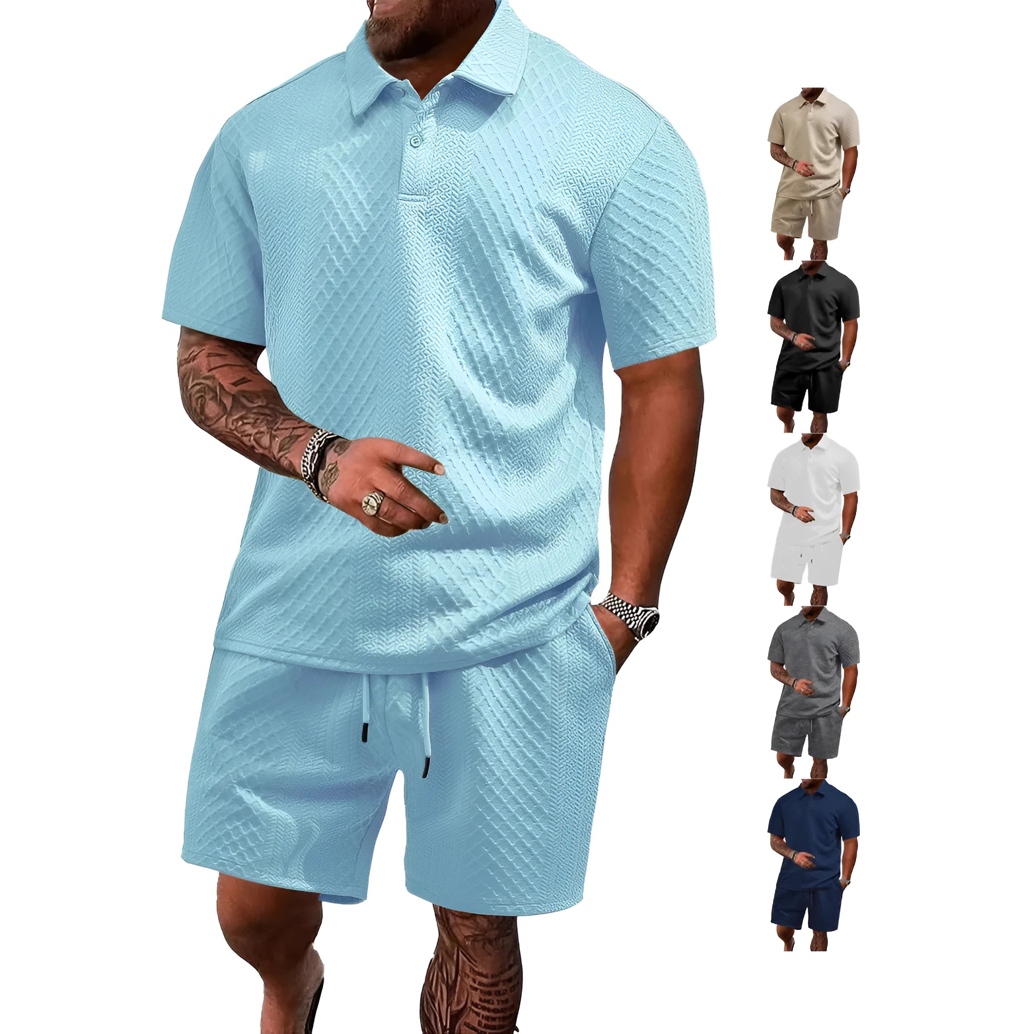 Man wearing a light grey thin figured cloth short-sleeve polo suit with matching trousers.