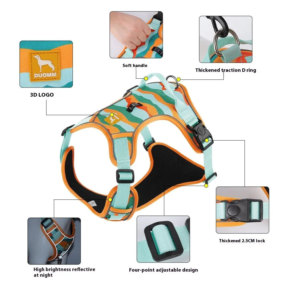 Orange reflective dog chest and back harness with hand-holding rope on a neutral background.