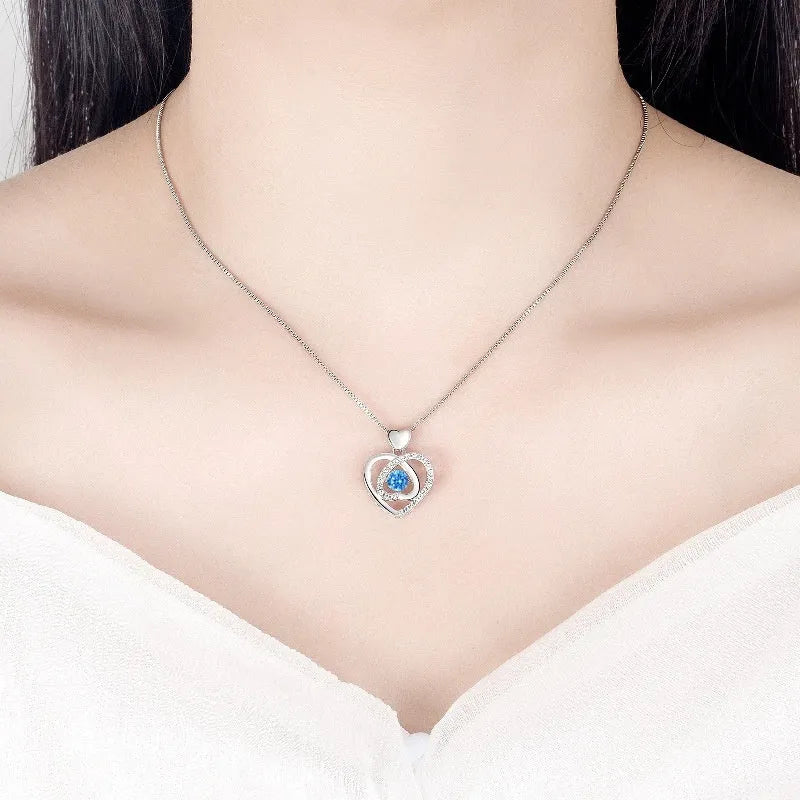 Blue diamond heart necklace and bracelet jewellery set with geometric pendant on 41-50cm adjustable chain