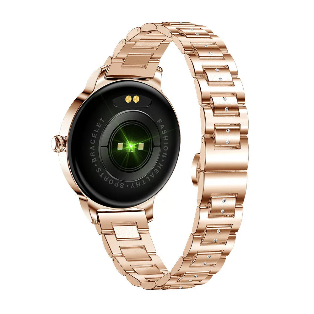 AK38 ladies smart watch with stainless steel Milanese band on wrist, showing its colour screen