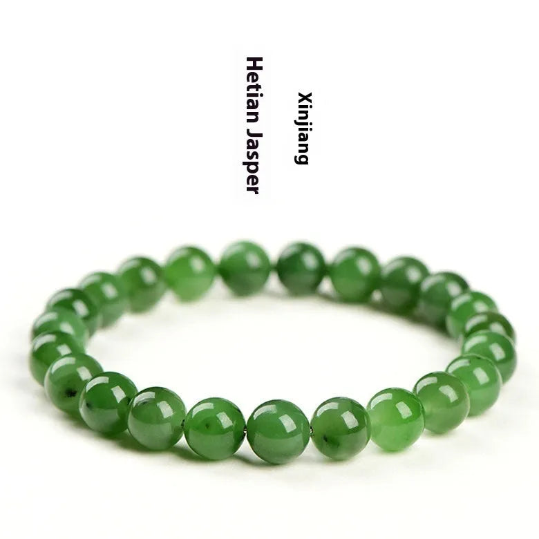 Polished Hetian jade bead bracelet in jasper colours, shown in various bead sizes on a wrist.