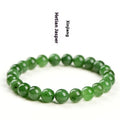 Polished Hetian jade bead bracelet in jasper colours, shown in various bead sizes on a wrist.