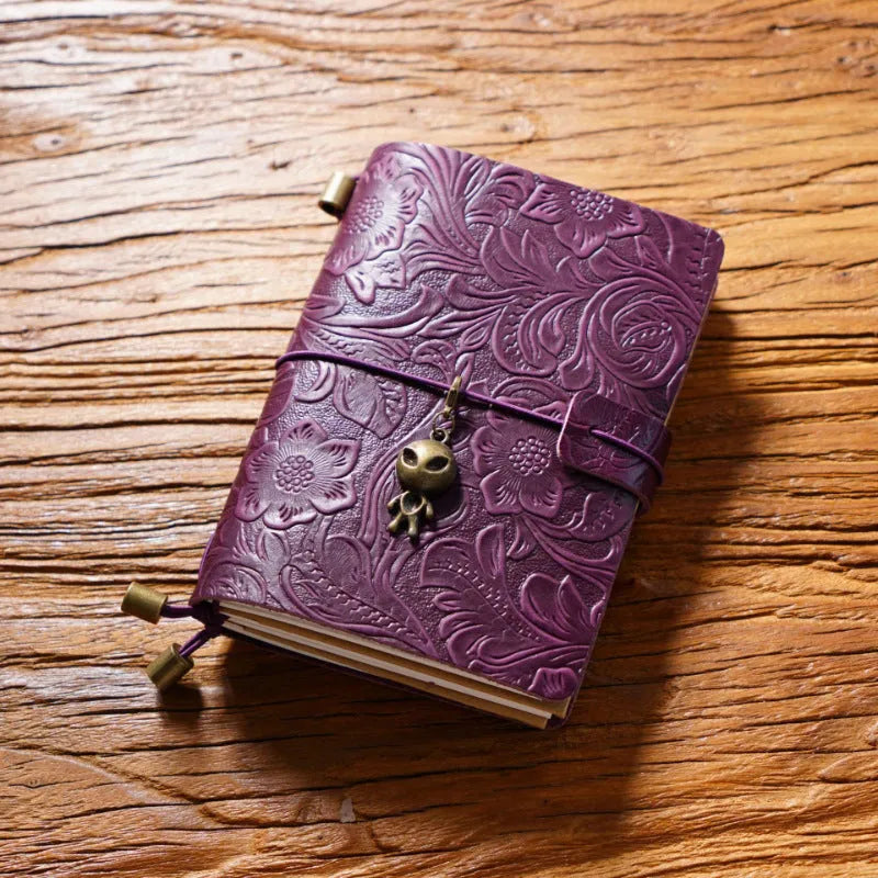 Creative vintage engraving cowhide travel notepad in black A5 size with genuine leather cover