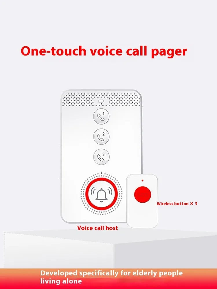 White elderly emergency alert device with a central buzzer unit and three wireless call buttons.