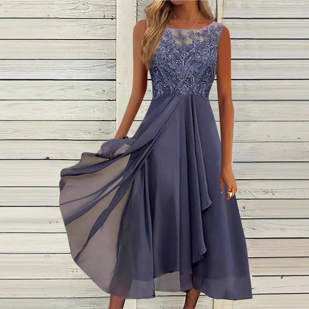 Women's sleeveless chiffon dress with lace hollow-out detailing in green, purple, or blue