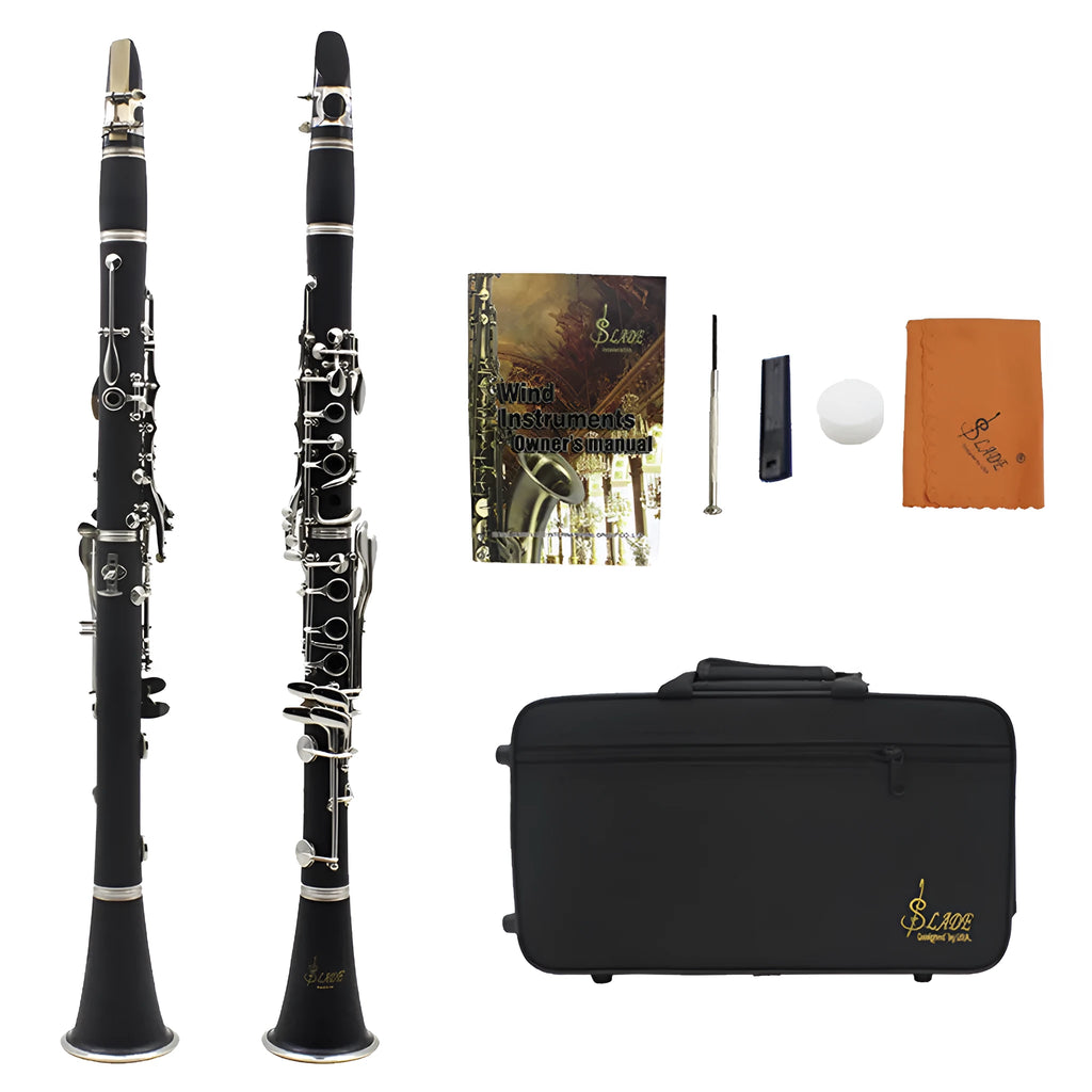 Black beginner bakelite clarinet with 17 nickel keys shown with its storage bag.