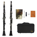 Black beginner bakelite clarinet with 17 nickel keys shown with its storage bag.