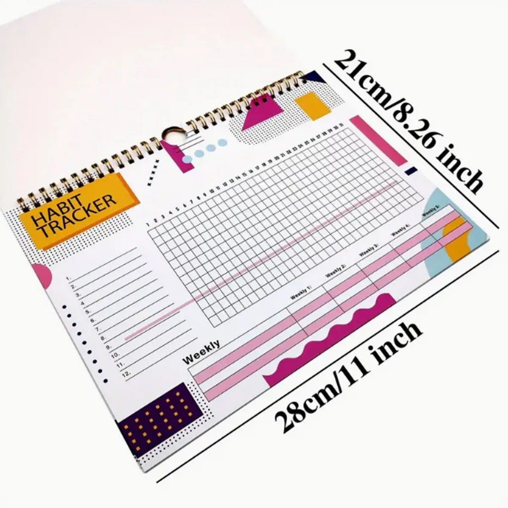 A4 habit tracking planner showing pink white cover with 12 internal pages for schedule recording