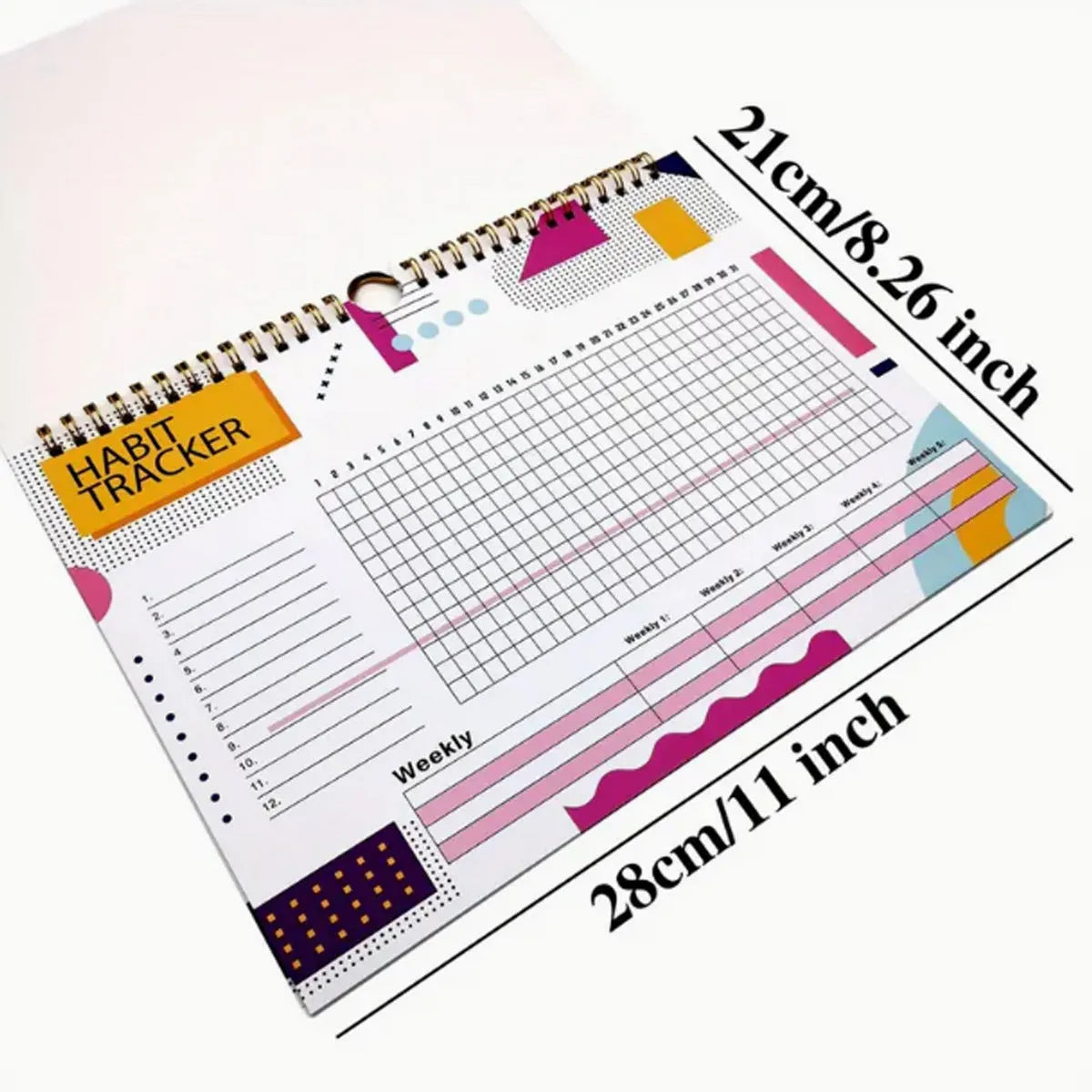 A4 habit tracking planner showing pink white cover with 12 internal pages for schedule recording