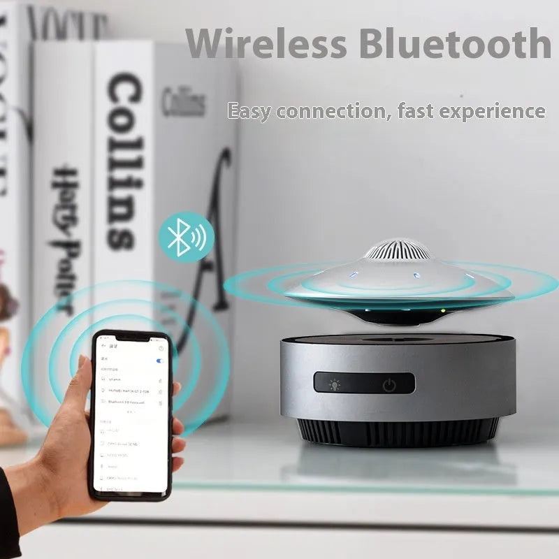 Magnetic levitation Bluetooth speaker floating above base unit with colour-changing LED effects