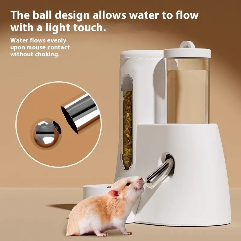 White automatic hamster drinking water feeder with integrated food basin on a stable base.