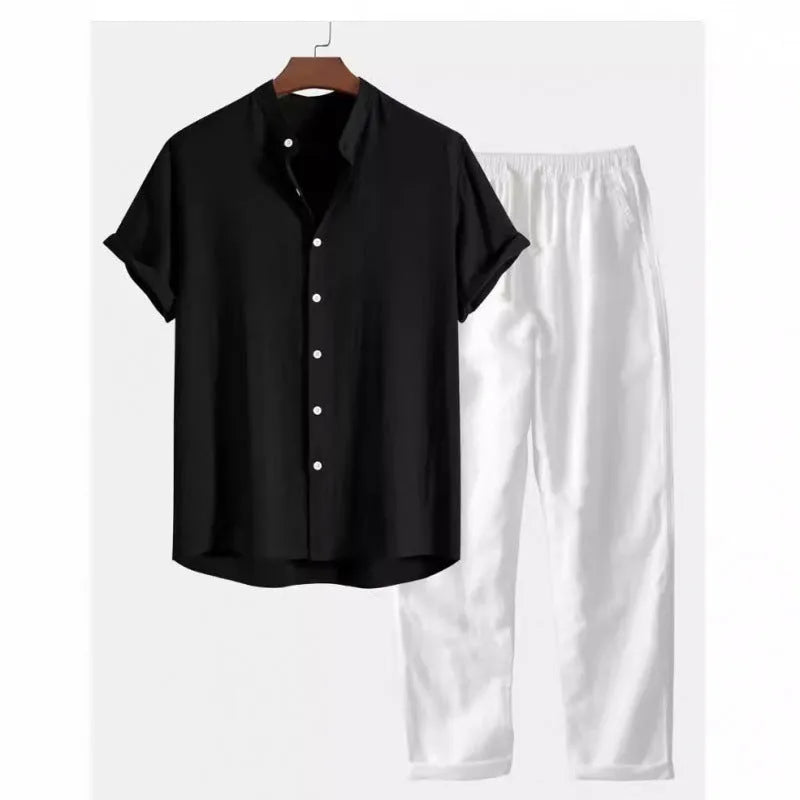 Men's casual loose fit short sleeve shirt and trousers suit in linen-look fabric.