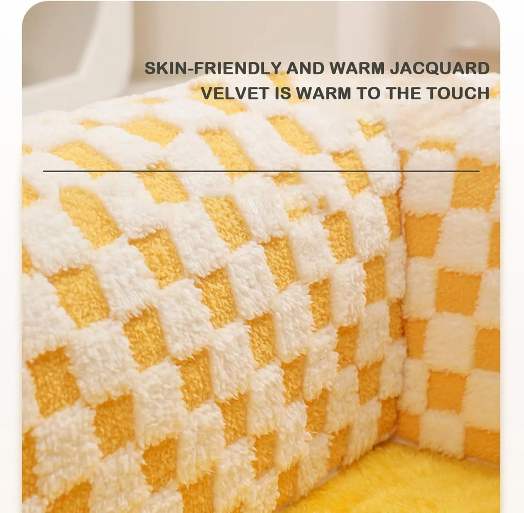Fan-shaped plush pet bed with integrated tunnel for cats and dogs in coffee colour.