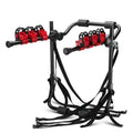 Black and red trunk-mounted car bike rack showing rope or pull belt attachment options.