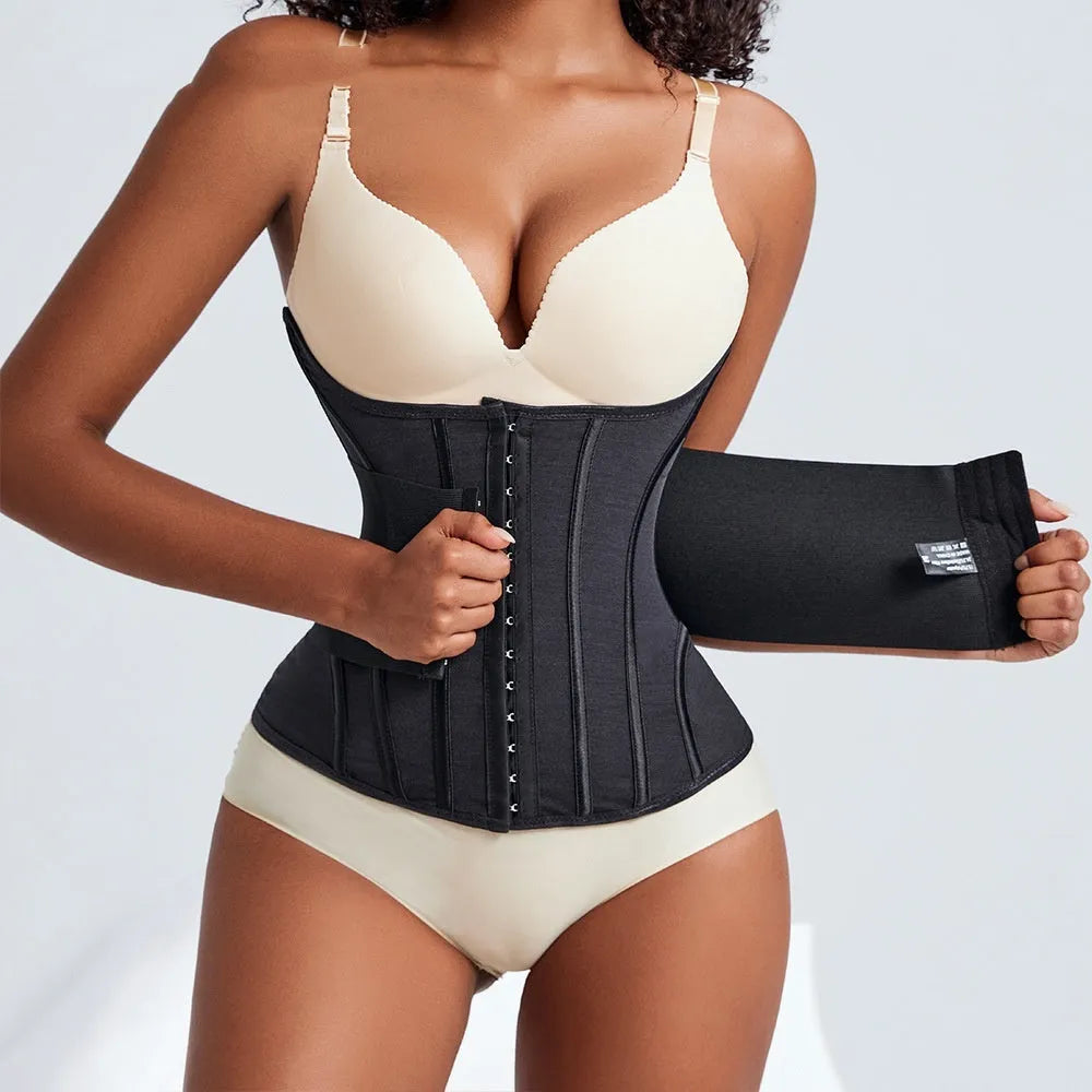 Black and apricot nylon belly band for waist training with adjustable belt tie, shown in various sizes.