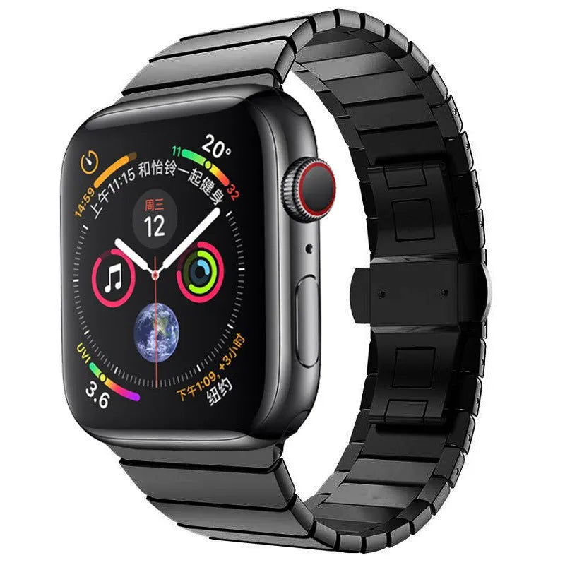 Stainless steel metal chain link strap with butterfly clasp for Apple Watch in silver colour.