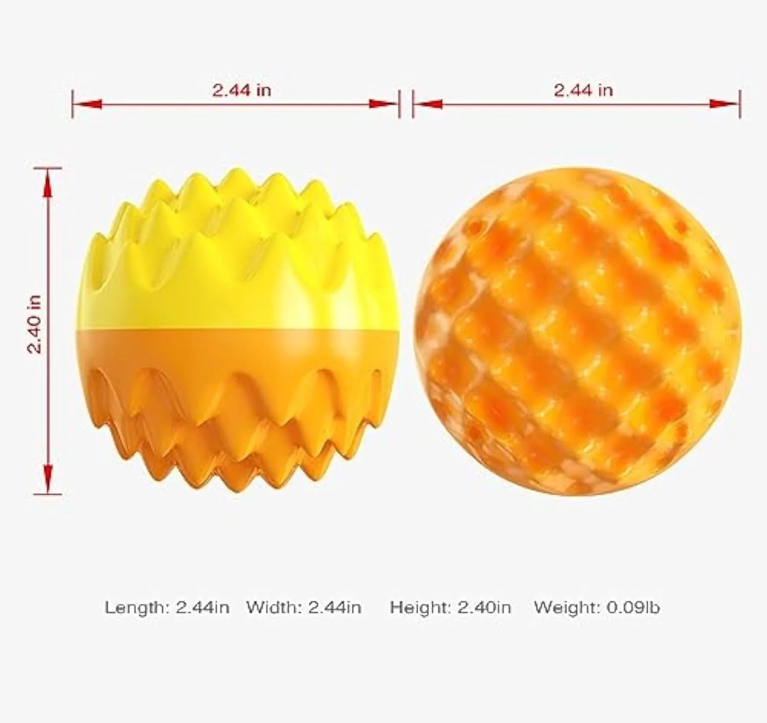 Blue and orange squeaky dog ball toy with spiky texture for teeth cleaning and floating capability
