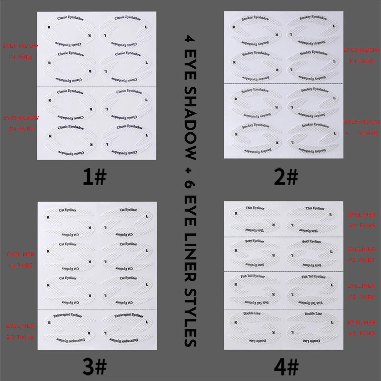Set of four reusable eyeliner makeup stencils for creating wing and cat-eye designs