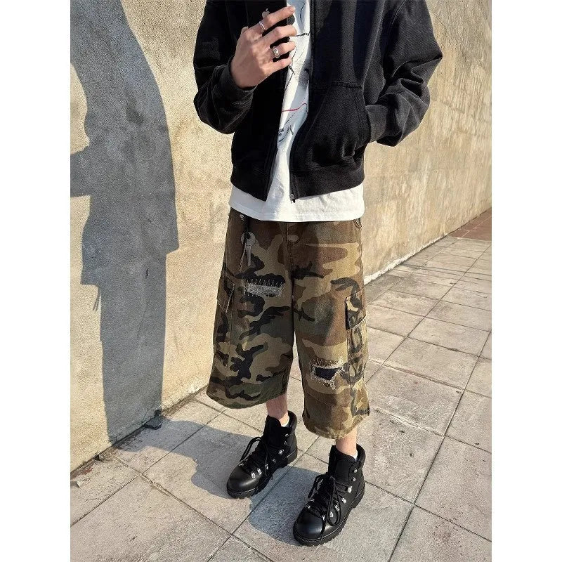 Men's camouflage cropped jeans with retro patches and ripped distressing in straight-leg cut