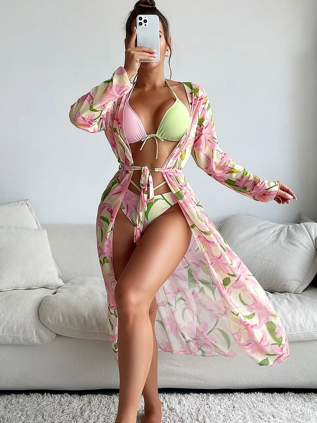 Women's printed bikini swimsuit in European and American style, quick-dry polyester fabric.