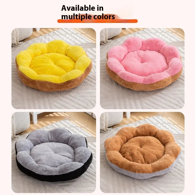 Round cat bed with detachable rabbit plush lining in grey black colour