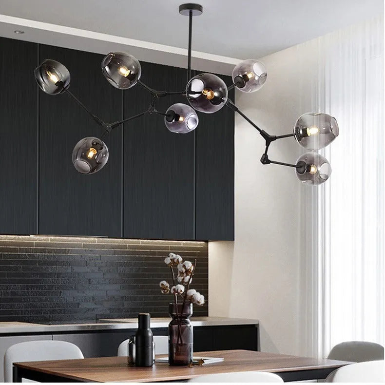 Nordic branch ceiling lamp with iron frame, glass shades, and integrated LED for dining room, bedroom, or living room