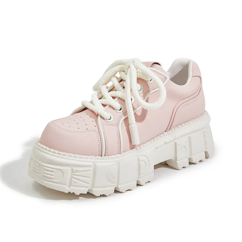Beige and pink leather casual shoes with muffin bottom design and height increasing sole