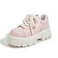 Beige and pink leather casual shoes with muffin bottom design and height increasing sole