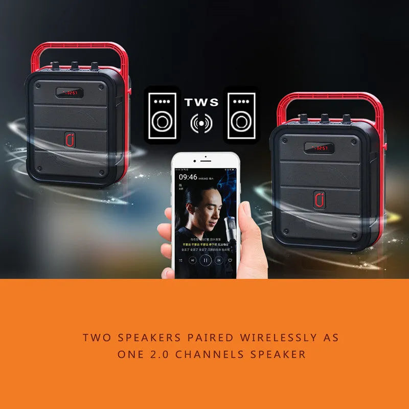 MS62AI black portable Bluetooth speaker with wireless microphone on a table.