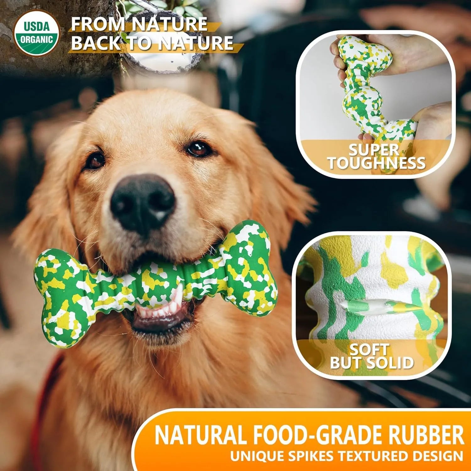 Green, white, and yellow camouflaged natural rubber bone chew toy for large dogs on a plain background.