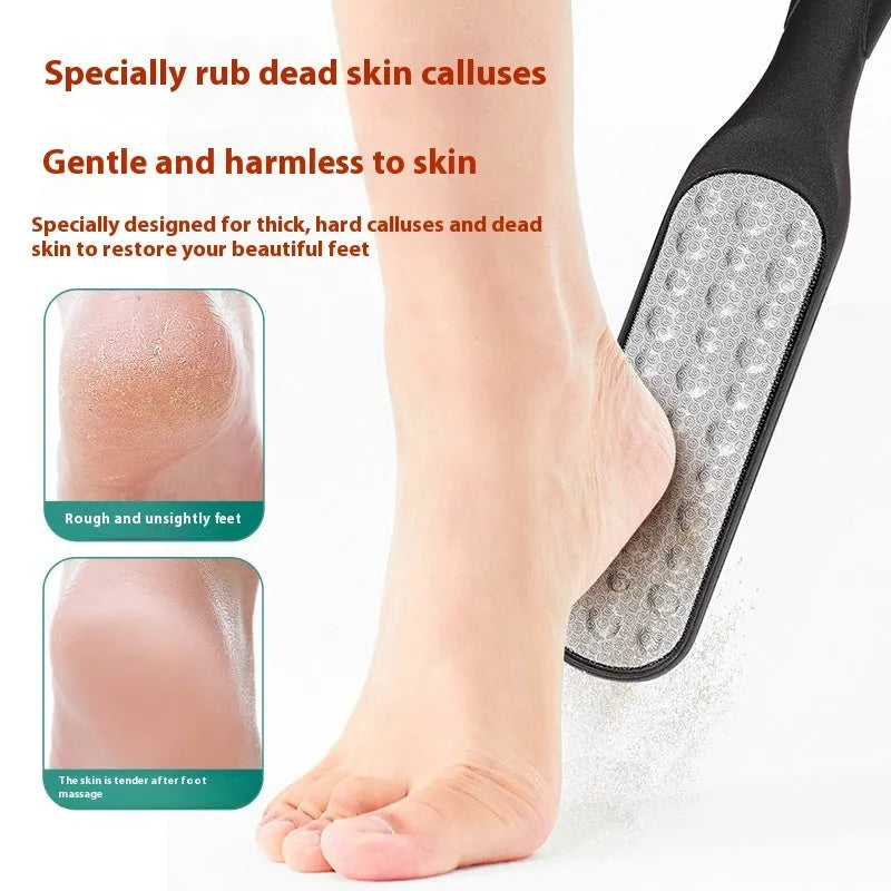 Double-sided stainless steel foot grinder with black and white grit attachments for callus removal