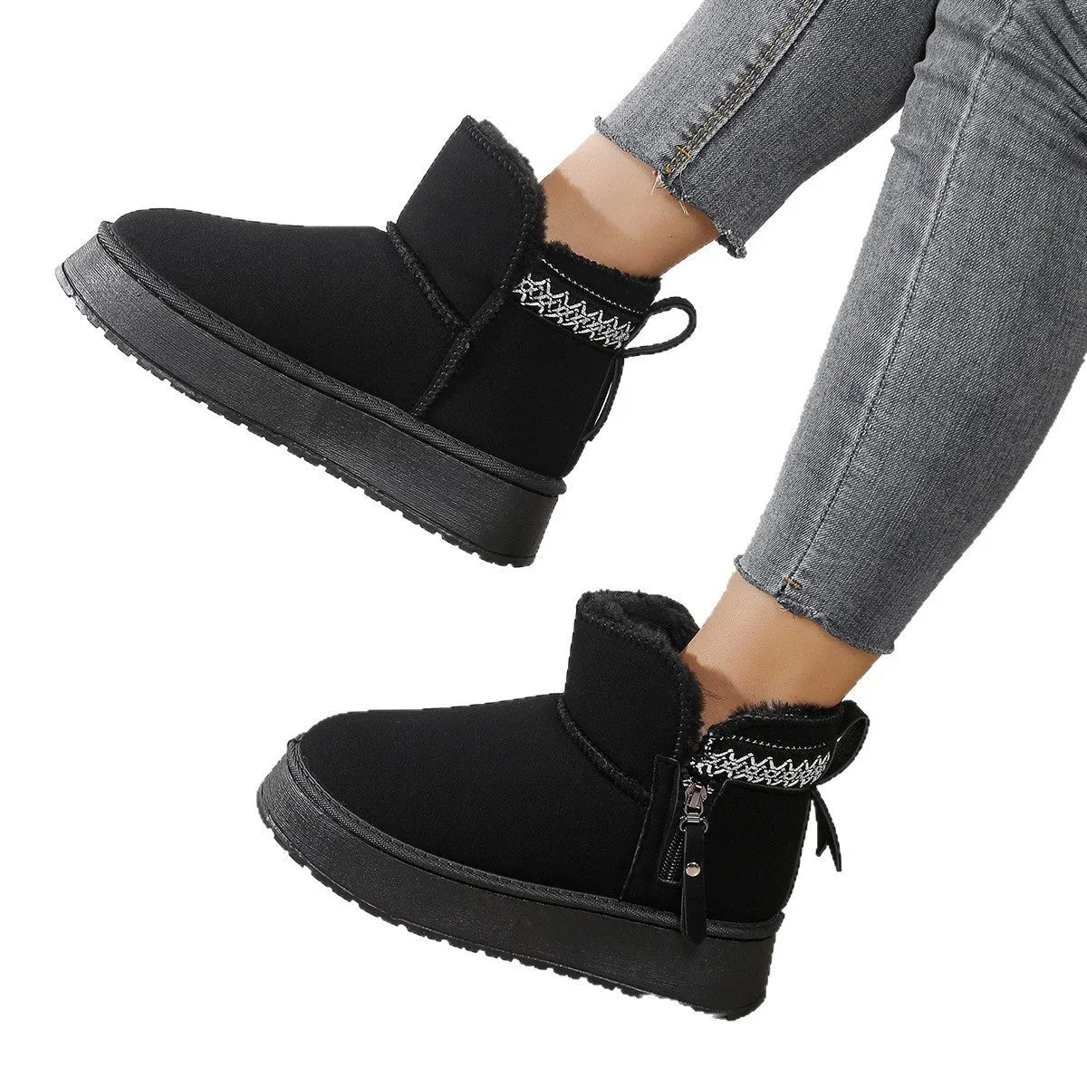 Women’s suede side zipper platform snow boots in black with wool lining and round toe