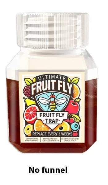 Bottle of fruit fly bait liquid with SK003 labeling, shown with funnel accessory option