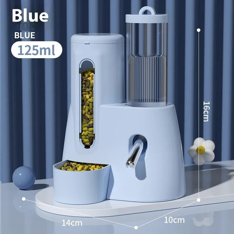 White automatic hamster drinking water feeder with integrated food basin on a stable base.