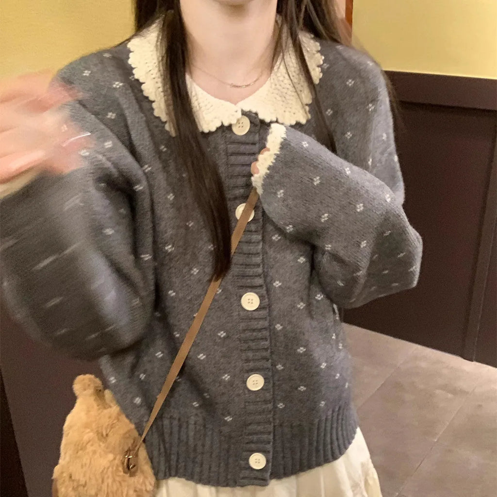 Peter Pan collar floral pattern cardigan coat in knitted polyester fabric