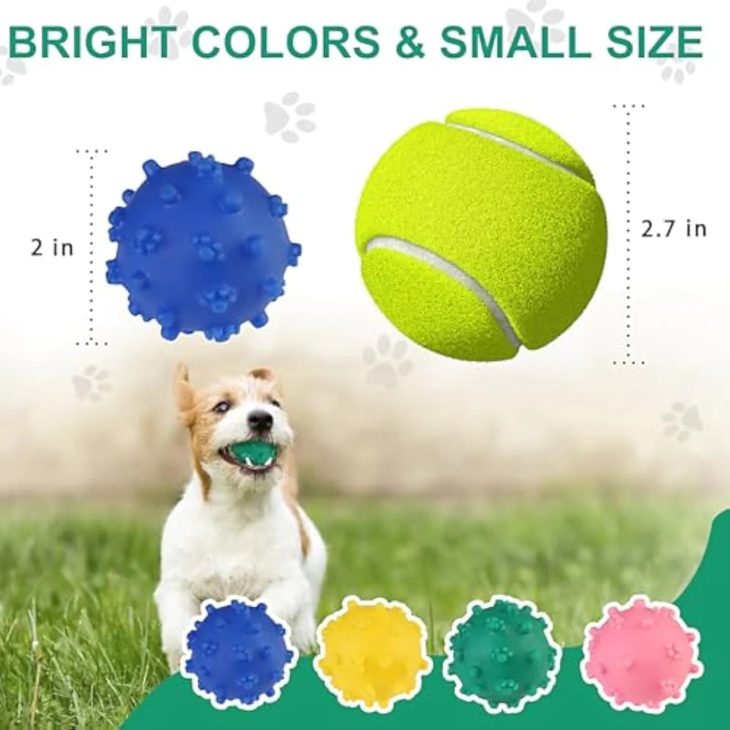 Bright blue, green, pink, and yellow spiked dog balls with paw print dimples on a white background.