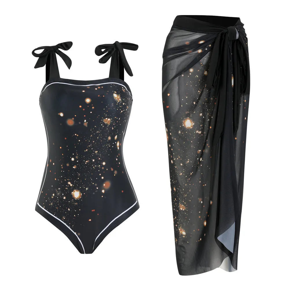 Floral pattern conservative bikini swimsuit with mesh tube top and matching skirt in polyester fabric