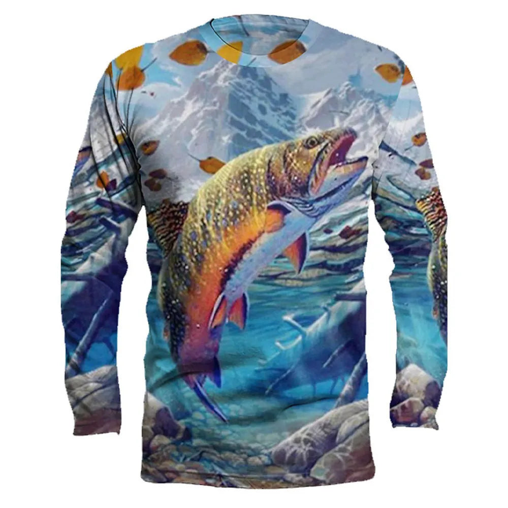 Men's fish print pullover top in milk silk fabric with long sleeves and round neck design