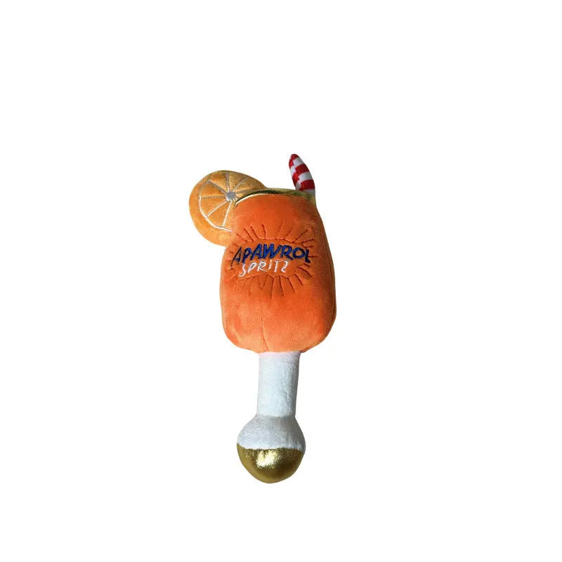 Yellow beer bottle shaped plush squeaky dog toy with teeth cleaning function