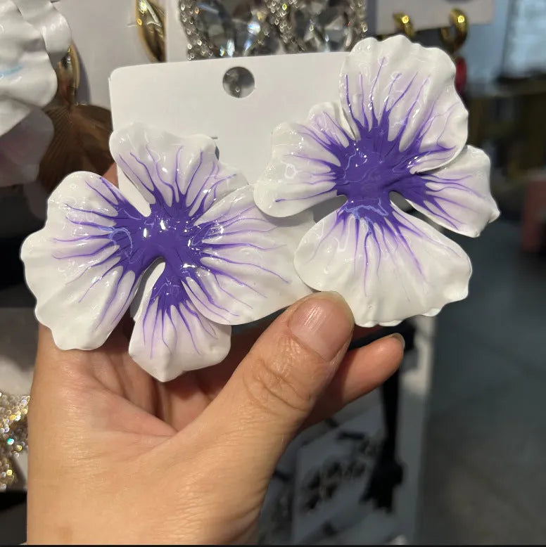 Alloy flower stud earrings with oil-spot glaze finish in blue, green, purple and rose colours