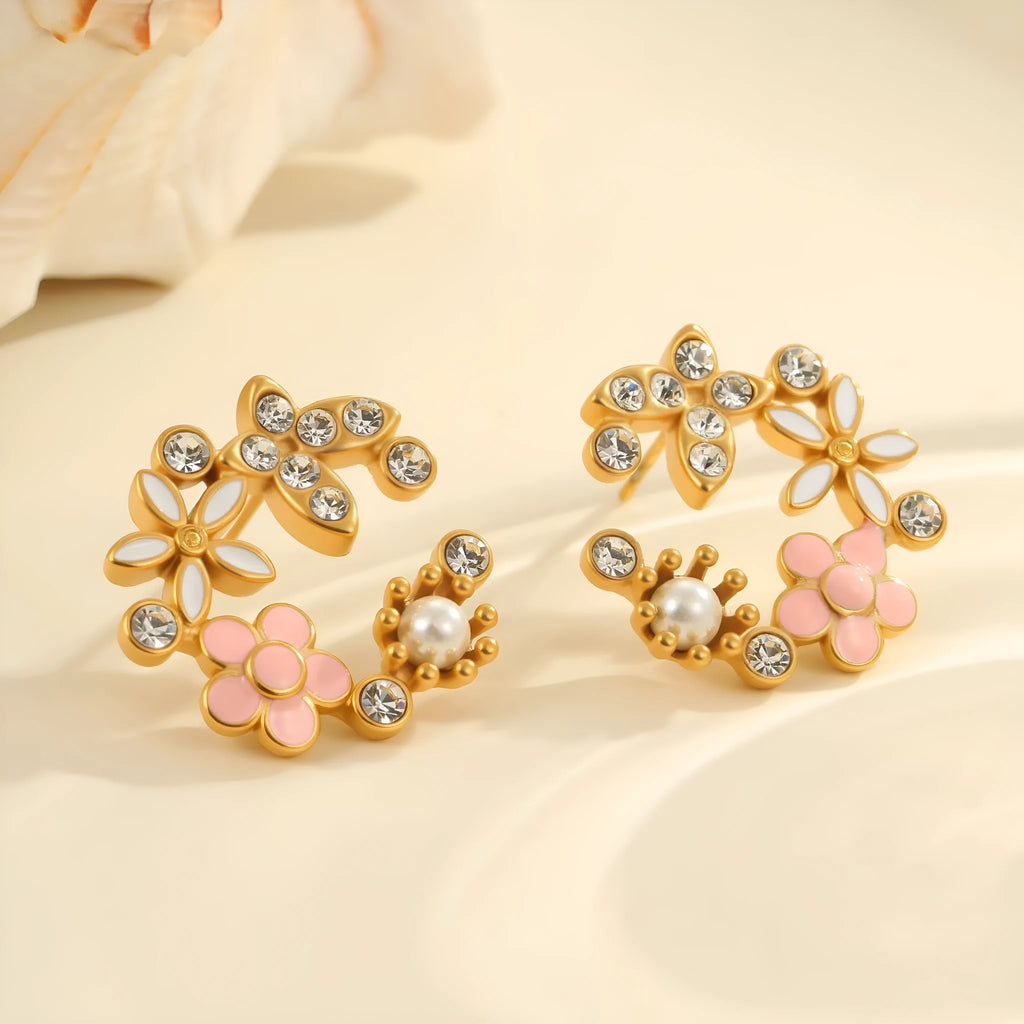 Women's stainless steel flower stud earrings with 18K gold electroplating and colourful oil treatment