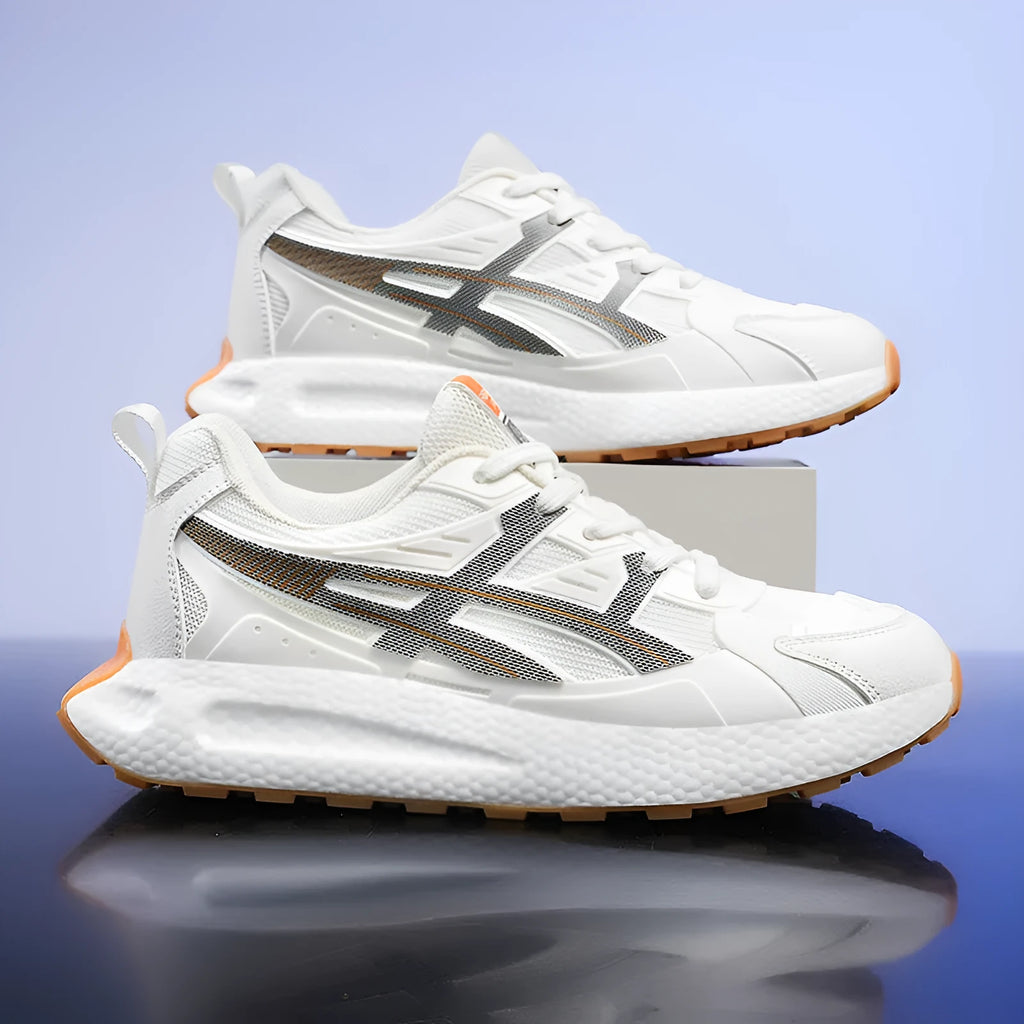 Casual popcorn sole sneaker with breathable KPU mesh upper, non-slip, in white, black, and light gray, sizes 39-46