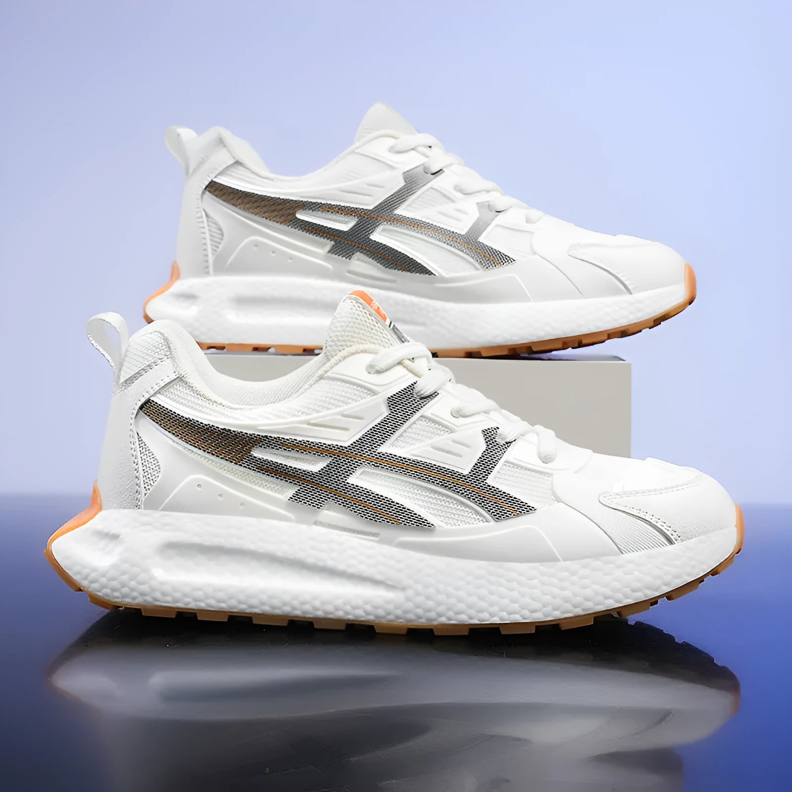 Casual popcorn sole sneaker with breathable KPU mesh upper, non-slip, in white, black, and light gray, sizes 39-46
