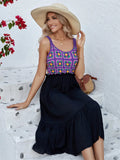 Purple sleeveless dress with hand-hooked floral embroidery pattern on cotton blend fabric