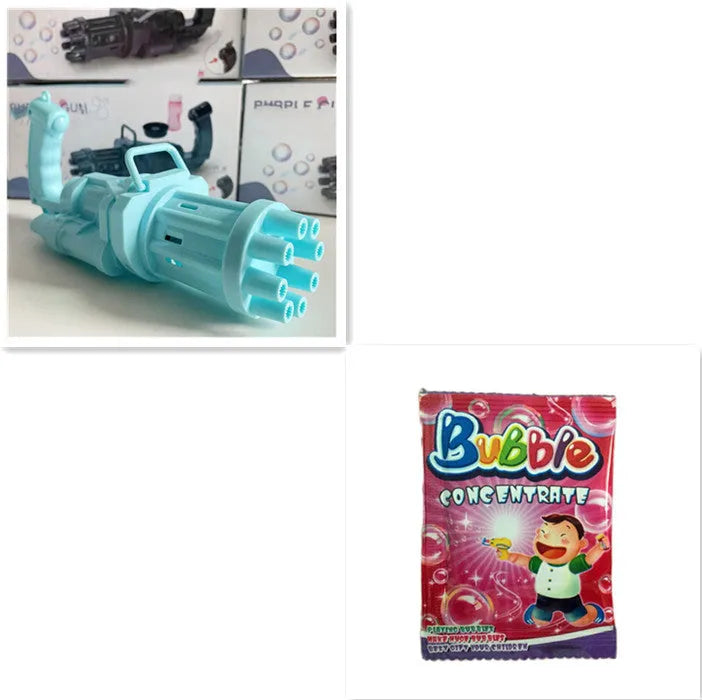 Children's bubble machine gun toy in pink, gold, or black colours with battery compartment and bubble solution.